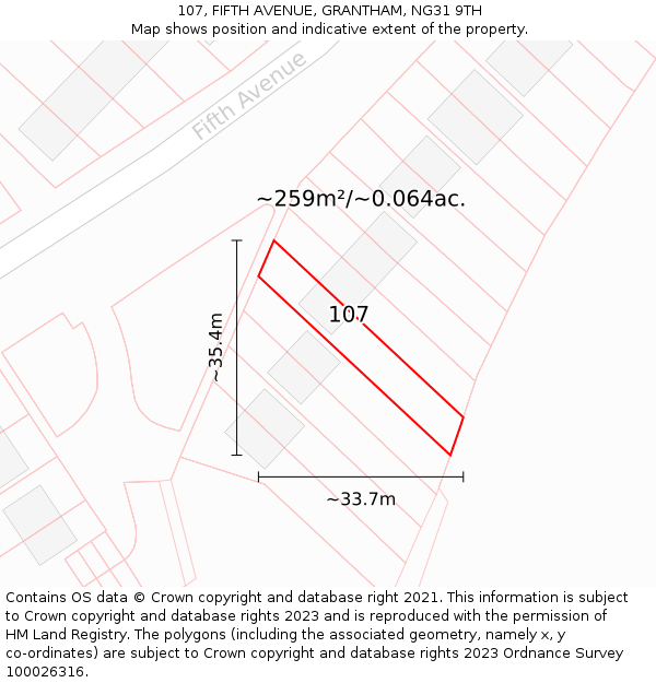 107, FIFTH AVENUE, GRANTHAM, NG31 9TH: Plot and title map