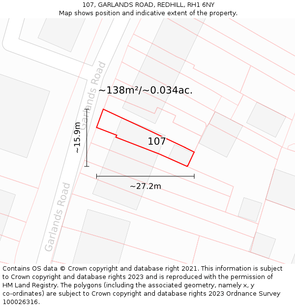 107, GARLANDS ROAD, REDHILL, RH1 6NY: Plot and title map