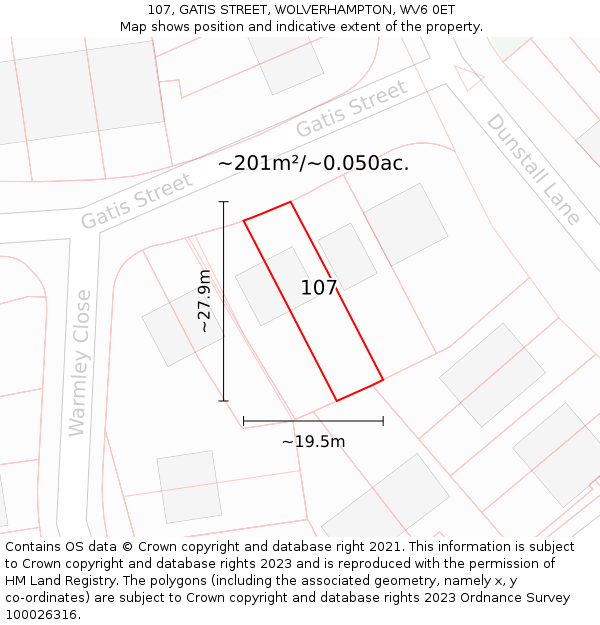 107, GATIS STREET, WOLVERHAMPTON, WV6 0ET: Plot and title map