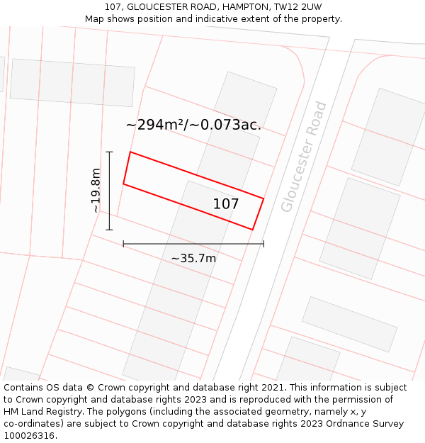 107, GLOUCESTER ROAD, HAMPTON, TW12 2UW: Plot and title map