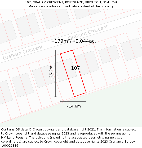 107, GRAHAM CRESCENT, PORTSLADE, BRIGHTON, BN41 2YA: Plot and title map