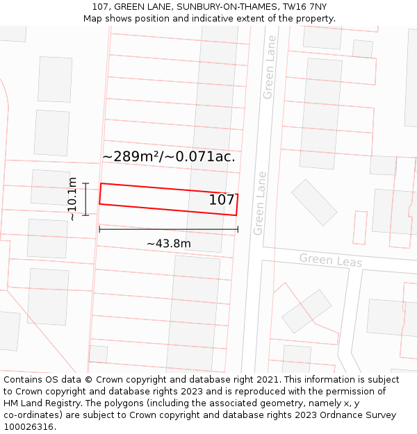 107, GREEN LANE, SUNBURY-ON-THAMES, TW16 7NY: Plot and title map
