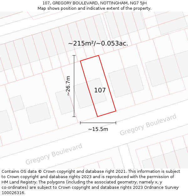 107, GREGORY BOULEVARD, NOTTINGHAM, NG7 5JH: Plot and title map