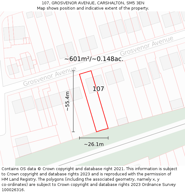 107, GROSVENOR AVENUE, CARSHALTON, SM5 3EN: Plot and title map