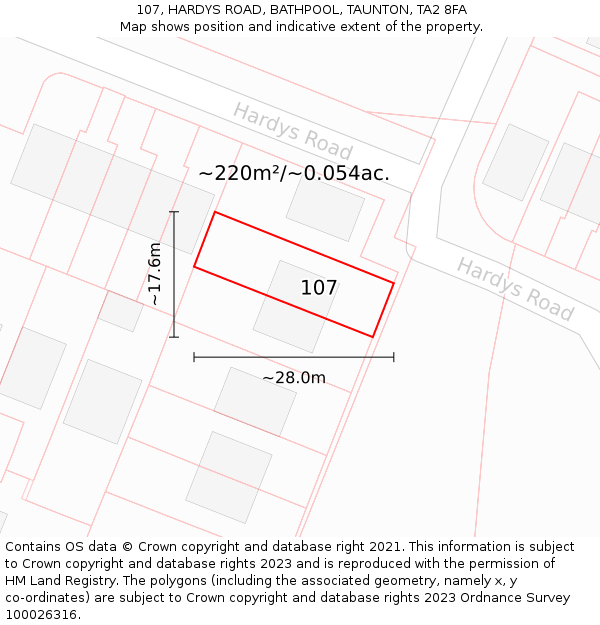 107, HARDYS ROAD, BATHPOOL, TAUNTON, TA2 8FA: Plot and title map