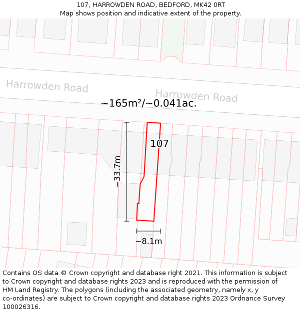 107, HARROWDEN ROAD, BEDFORD, MK42 0RT: Plot and title map