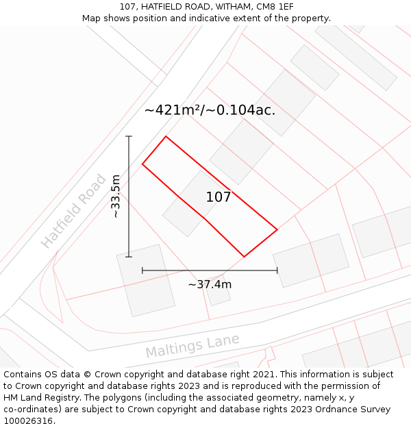 107, HATFIELD ROAD, WITHAM, CM8 1EF: Plot and title map