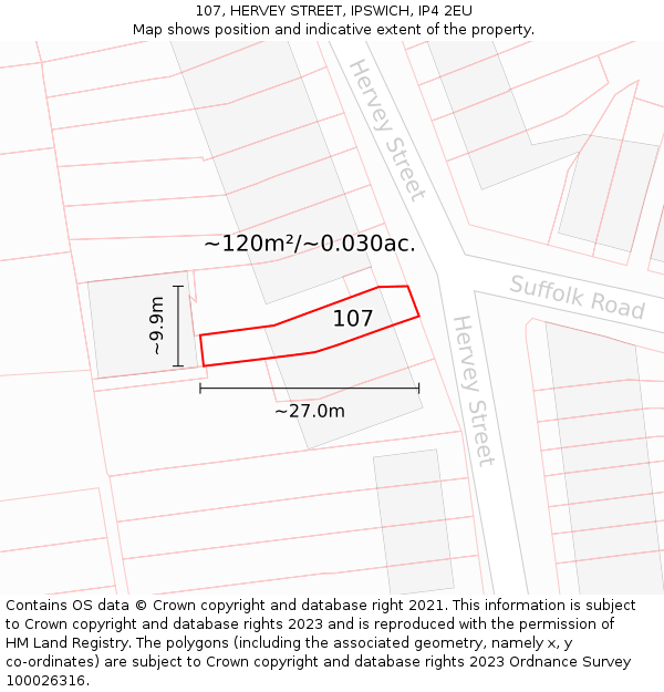 107, HERVEY STREET, IPSWICH, IP4 2EU: Plot and title map