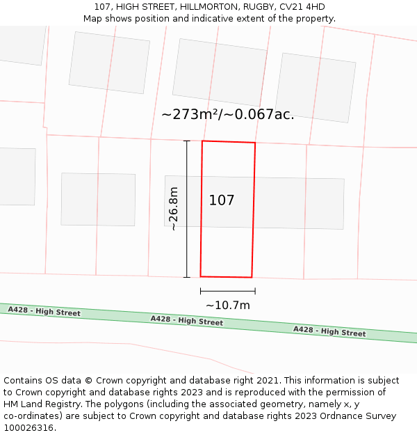 107, HIGH STREET, HILLMORTON, RUGBY, CV21 4HD: Plot and title map