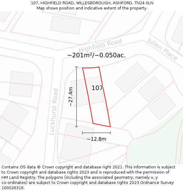 107, HIGHFIELD ROAD, WILLESBOROUGH, ASHFORD, TN24 0LN: Plot and title map