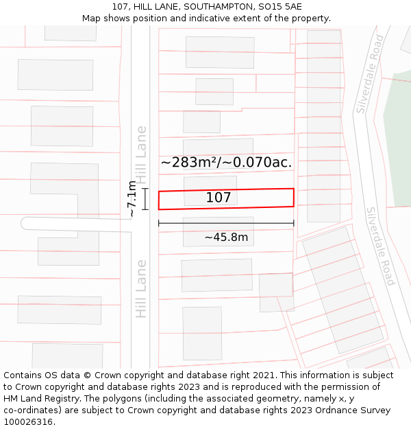 107, HILL LANE, SOUTHAMPTON, SO15 5AE: Plot and title map