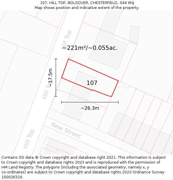 107, HILL TOP, BOLSOVER, CHESTERFIELD, S44 6NJ: Plot and title map