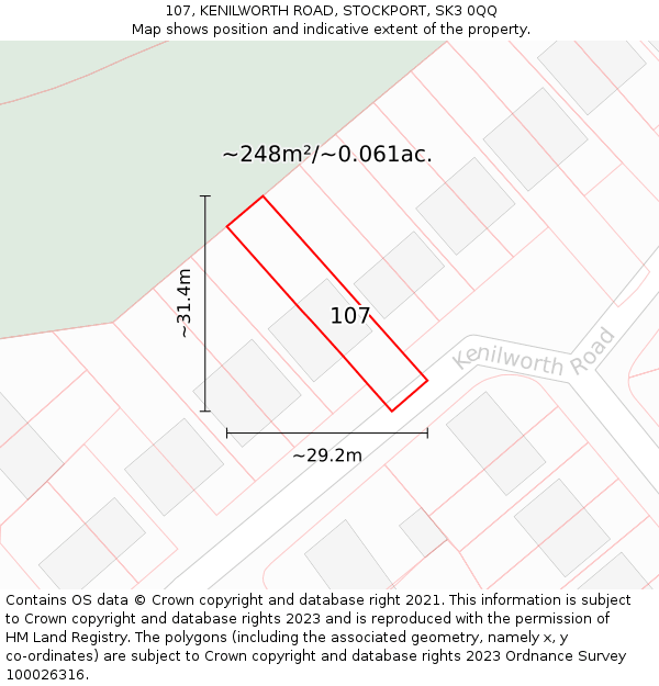 107, KENILWORTH ROAD, STOCKPORT, SK3 0QQ: Plot and title map