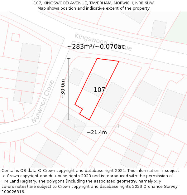 107, KINGSWOOD AVENUE, TAVERHAM, NORWICH, NR8 6UW: Plot and title map