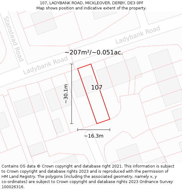 107, LADYBANK ROAD, MICKLEOVER, DERBY, DE3 0PF: Plot and title map