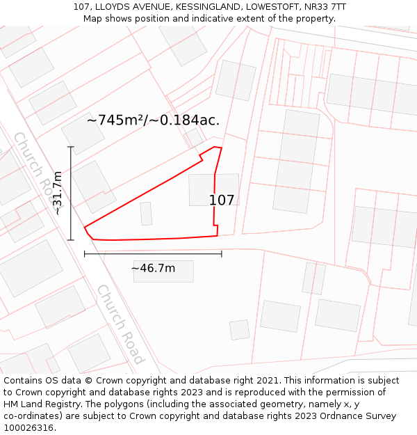 107, LLOYDS AVENUE, KESSINGLAND, LOWESTOFT, NR33 7TT: Plot and title map