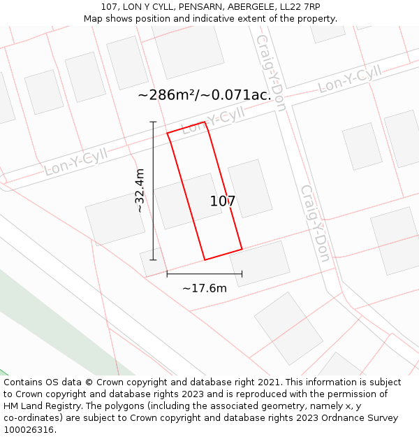 107, LON Y CYLL, PENSARN, ABERGELE, LL22 7RP: Plot and title map