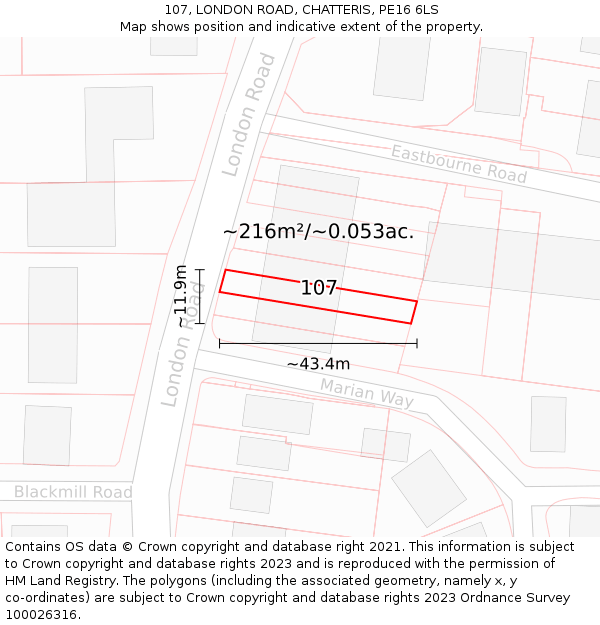 107, LONDON ROAD, CHATTERIS, PE16 6LS: Plot and title map