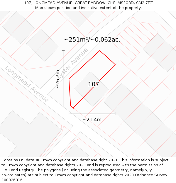 107, LONGMEAD AVENUE, GREAT BADDOW, CHELMSFORD, CM2 7EZ: Plot and title map