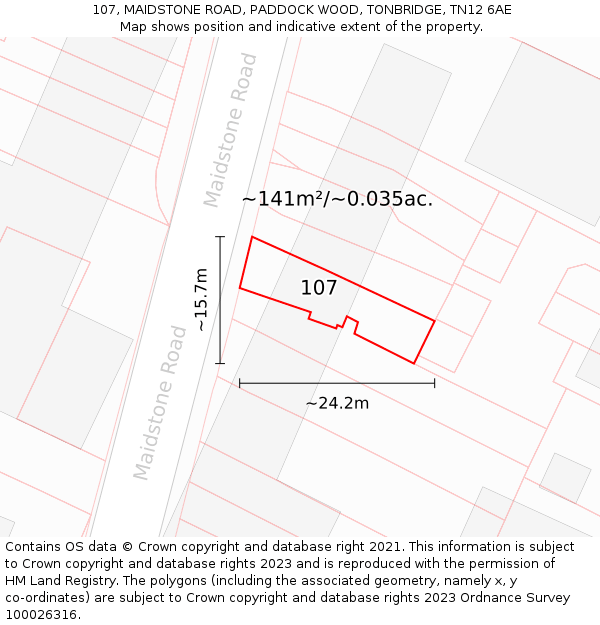 107, MAIDSTONE ROAD, PADDOCK WOOD, TONBRIDGE, TN12 6AE: Plot and title map