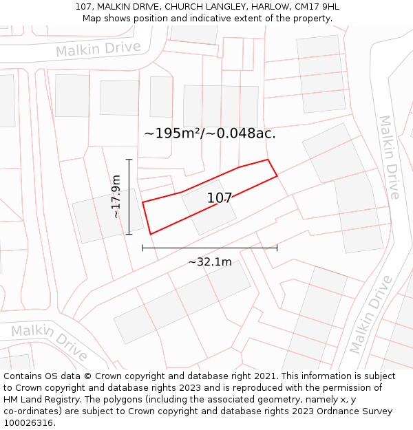 107, MALKIN DRIVE, CHURCH LANGLEY, HARLOW, CM17 9HL: Plot and title map