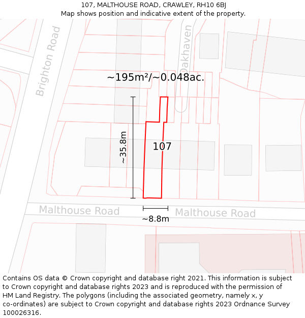 107, MALTHOUSE ROAD, CRAWLEY, RH10 6BJ: Plot and title map