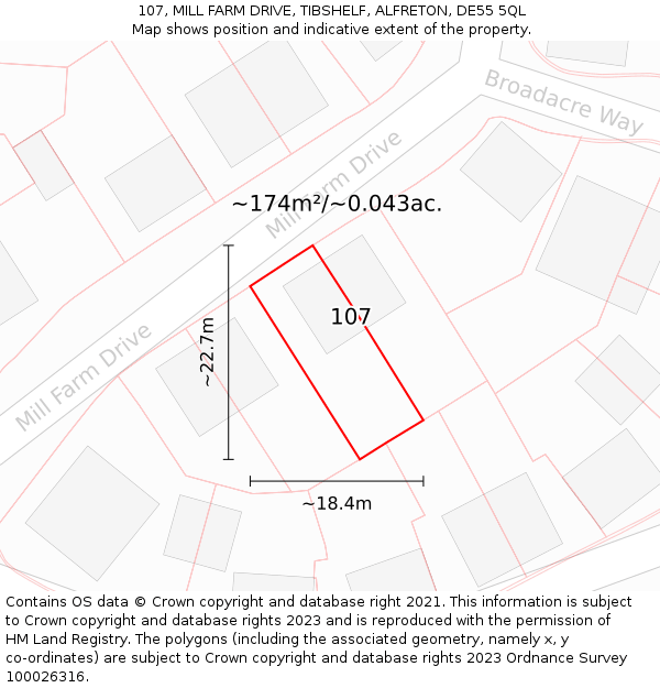 107, MILL FARM DRIVE, TIBSHELF, ALFRETON, DE55 5QL: Plot and title map