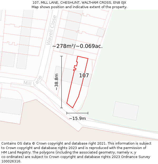 107, MILL LANE, CHESHUNT, WALTHAM CROSS, EN8 0JX: Plot and title map