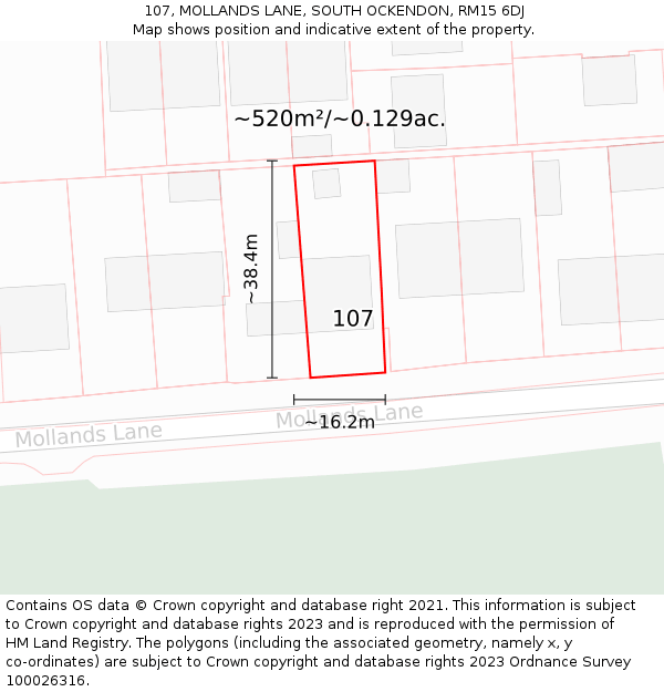 107, MOLLANDS LANE, SOUTH OCKENDON, RM15 6DJ: Plot and title map