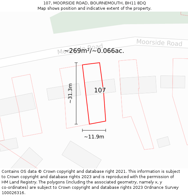 107, MOORSIDE ROAD, BOURNEMOUTH, BH11 8DQ: Plot and title map