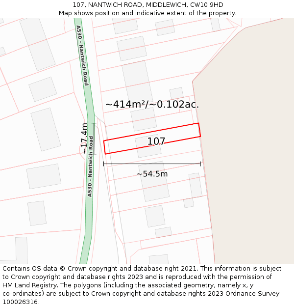 107, NANTWICH ROAD, MIDDLEWICH, CW10 9HD: Plot and title map