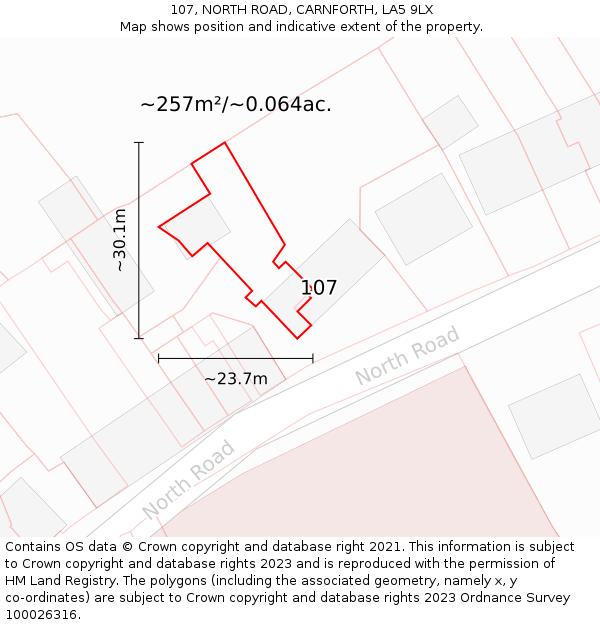 107, NORTH ROAD, CARNFORTH, LA5 9LX: Plot and title map