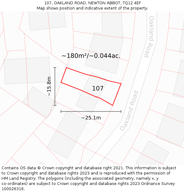 107, OAKLAND ROAD, NEWTON ABBOT, TQ12 4EF: Plot and title map