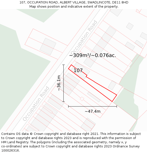 107, OCCUPATION ROAD, ALBERT VILLAGE, SWADLINCOTE, DE11 8HD: Plot and title map