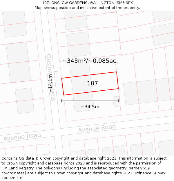 107, ONSLOW GARDENS, WALLINGTON, SM6 9PX: Plot and title map