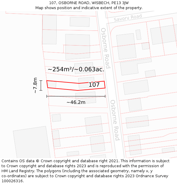 107, OSBORNE ROAD, WISBECH, PE13 3JW: Plot and title map