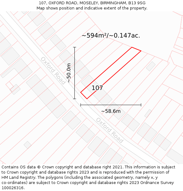 107, OXFORD ROAD, MOSELEY, BIRMINGHAM, B13 9SG: Plot and title map