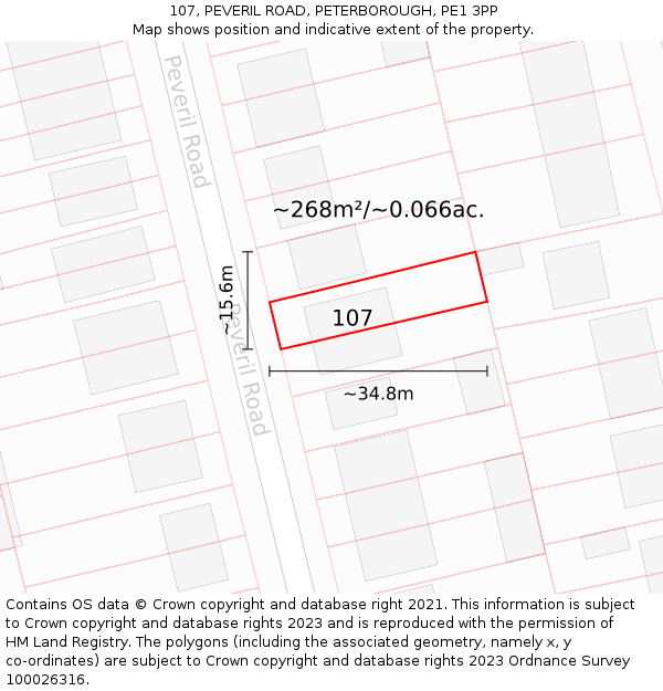 107, PEVERIL ROAD, PETERBOROUGH, PE1 3PP: Plot and title map