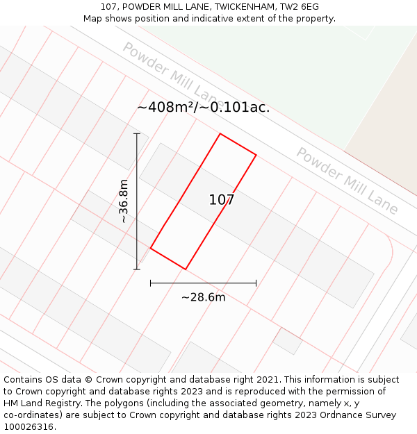 107, POWDER MILL LANE, TWICKENHAM, TW2 6EG: Plot and title map