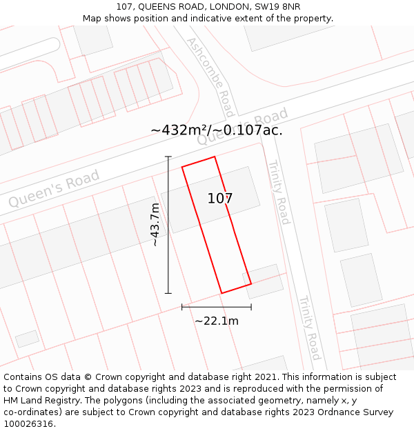 107, QUEENS ROAD, LONDON, SW19 8NR: Plot and title map