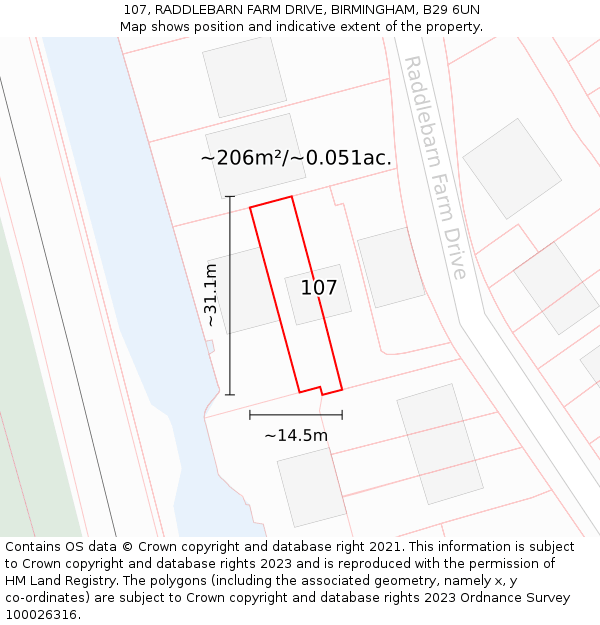 107, RADDLEBARN FARM DRIVE, BIRMINGHAM, B29 6UN: Plot and title map