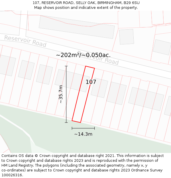 107, RESERVOIR ROAD, SELLY OAK, BIRMINGHAM, B29 6SU: Plot and title map