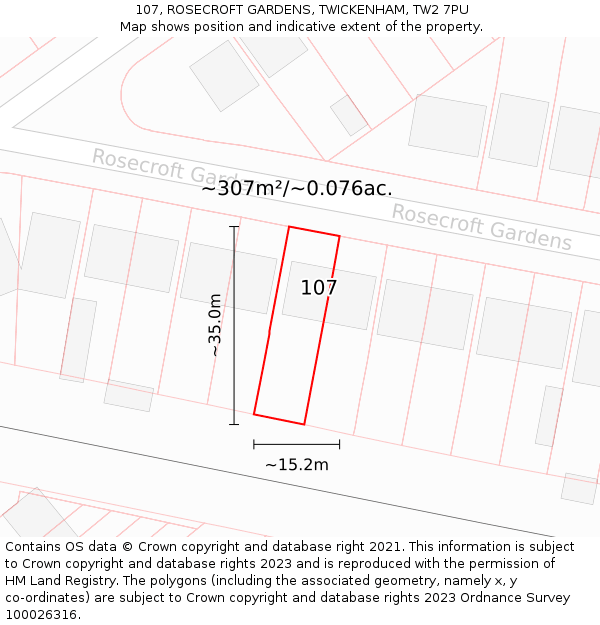 107, ROSECROFT GARDENS, TWICKENHAM, TW2 7PU: Plot and title map