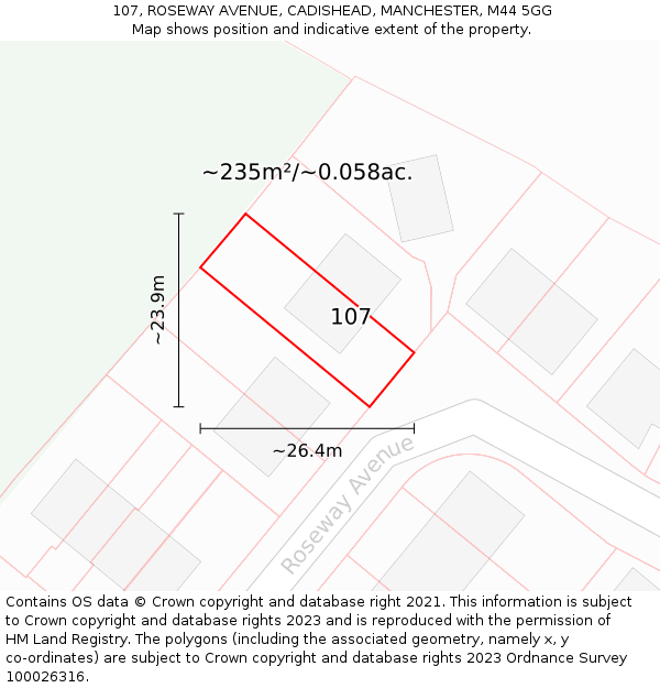 107, ROSEWAY AVENUE, CADISHEAD, MANCHESTER, M44 5GG: Plot and title map