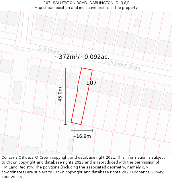 107, SALUTATION ROAD, DARLINGTON, DL3 8JP: Plot and title map