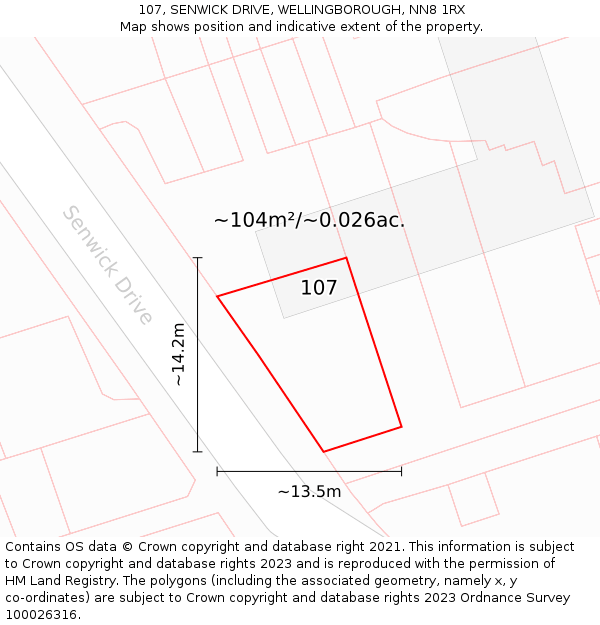 107, SENWICK DRIVE, WELLINGBOROUGH, NN8 1RX: Plot and title map