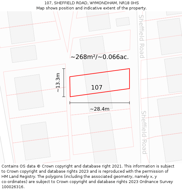 107, SHEFFIELD ROAD, WYMONDHAM, NR18 0HS: Plot and title map