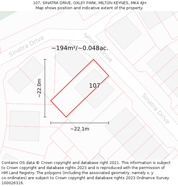 107, SINATRA DRIVE, OXLEY PARK, MILTON KEYNES, MK4 4JH: Plot and title map