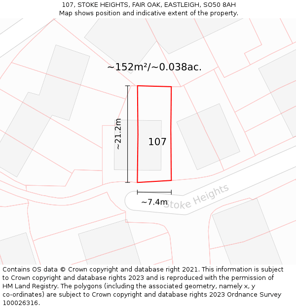 107, STOKE HEIGHTS, FAIR OAK, EASTLEIGH, SO50 8AH: Plot and title map