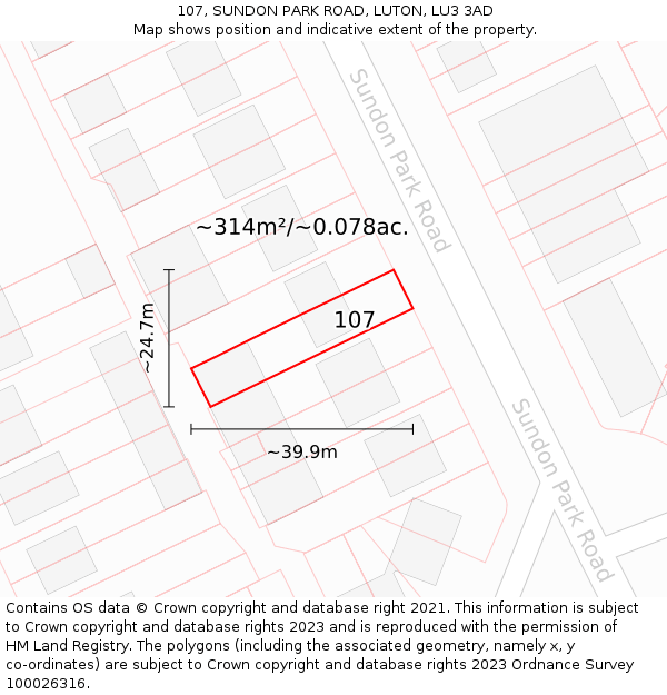 107, SUNDON PARK ROAD, LUTON, LU3 3AD: Plot and title map